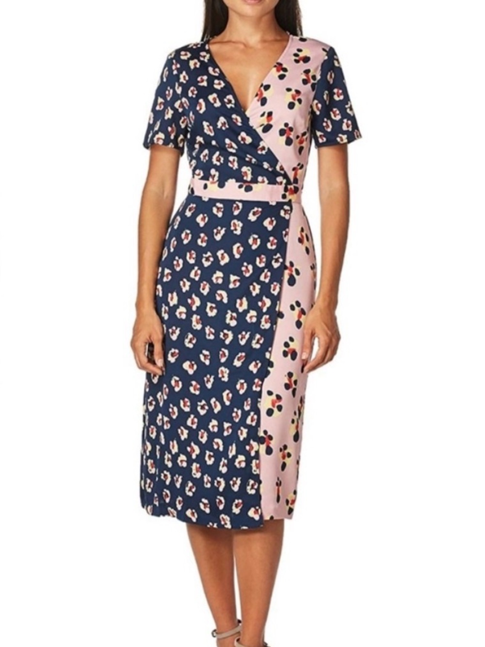 NWT BCBGeneration Navy and Pink Floral Wrap Midi Dress